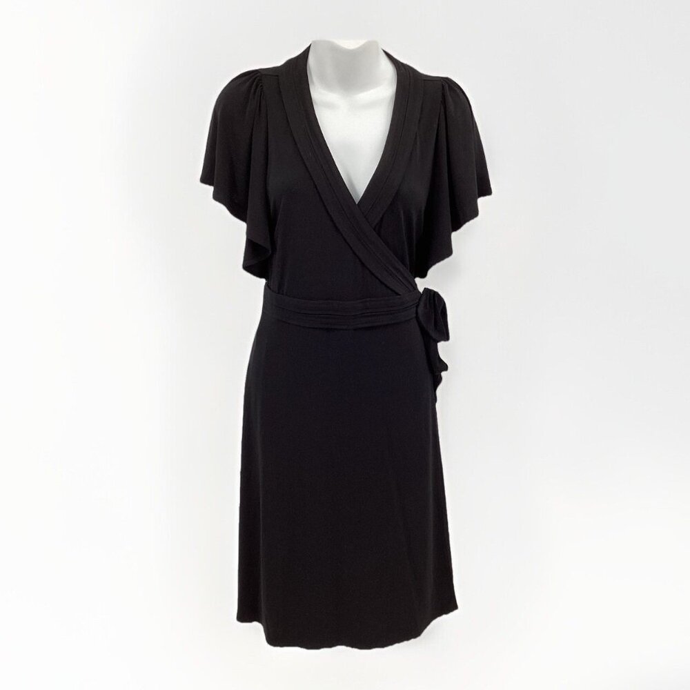 Calvin Klein Womens Sz M V-Neck Ruffle Sleeve Belted Wrap Mid Length Dress Black